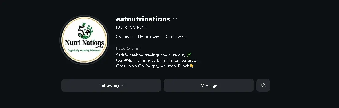 Nutri Nations Instagram profile header for @eatnutrinations with its Swiggy, Amazon and Blinkit ordering line