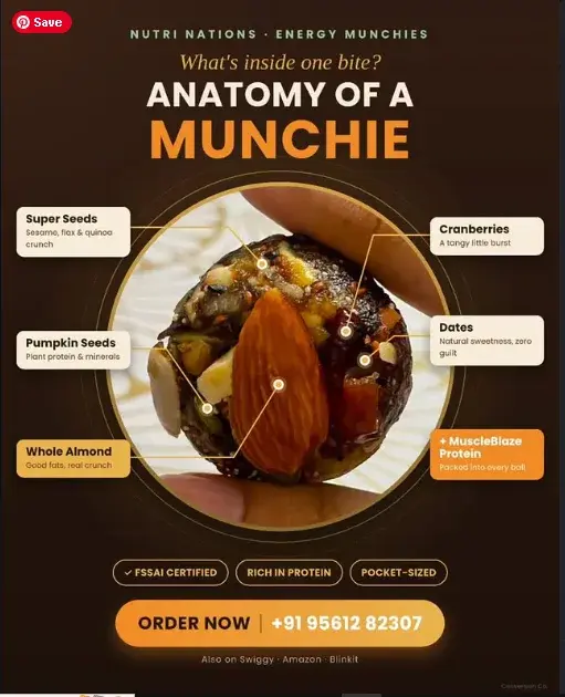 Nutri Nations 'Anatomy of a Munchie' post labelling the seeds, almond, dates, cranberries and protein in one energy ball