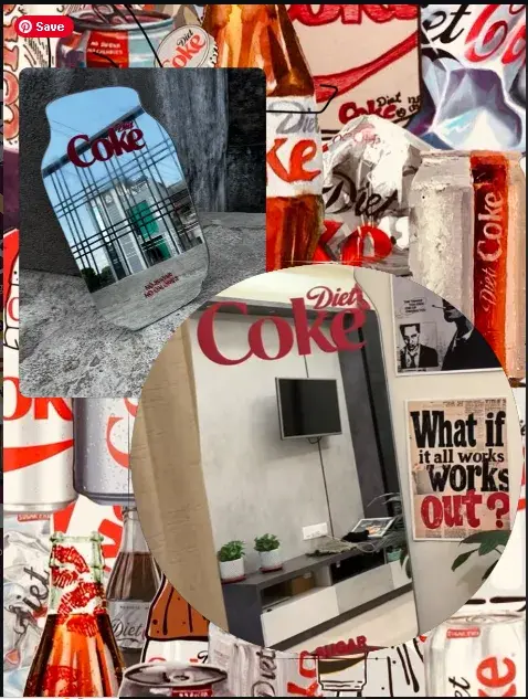 Renuka Graphics World post showing custom Diet Coke themed mirrors in a room, on a collage of Diet Coke artwork