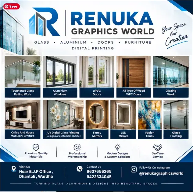 Renuka Graphics World services post showing toughened glass railings, aluminium windows, uPVC doors, wood doors, glazing, furniture, mirrors and glass printing