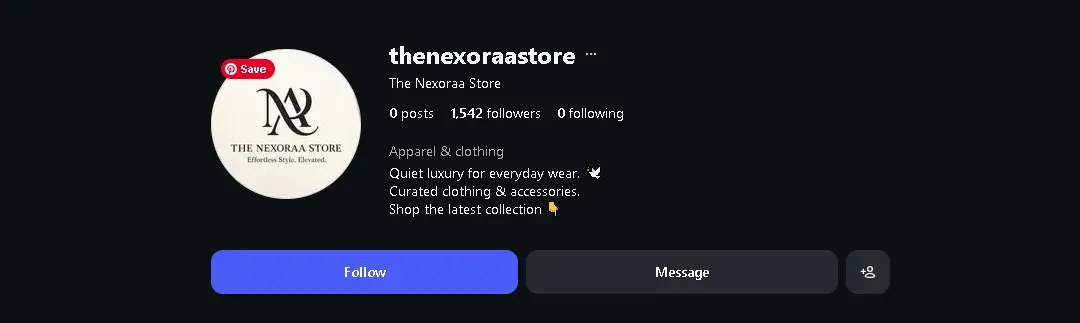 The Nexoraa Store Instagram profile showing the NR monogram logo and the bio 'Quiet luxury for everyday wear'