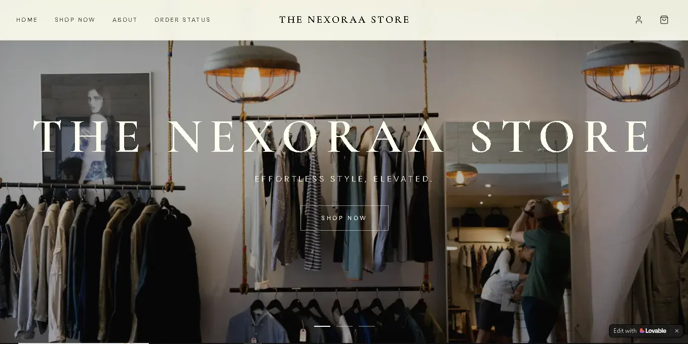 The Nexoraa Store online store homepage with the line 'Effortless Style, Elevated' and a Shop Now button over a clothing boutique