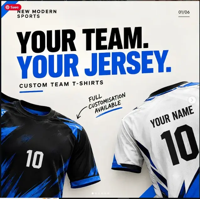 Carousel post reading 'Your team. Your jersey.' with two custom team t-shirts and 'Full customisation available'