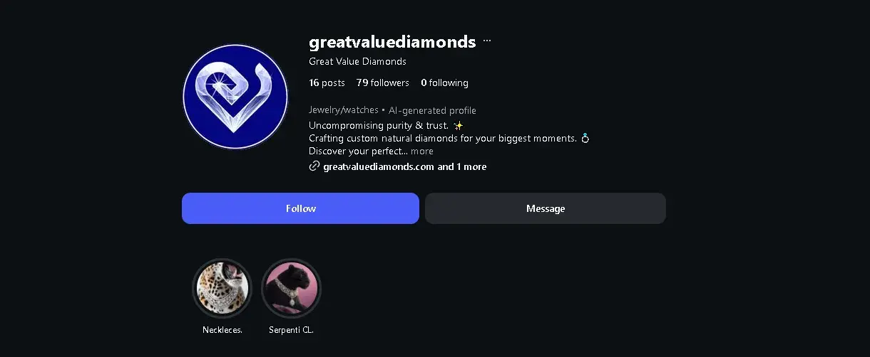 Great Value Diamonds Instagram profile header linking to greatvaluediamonds.com