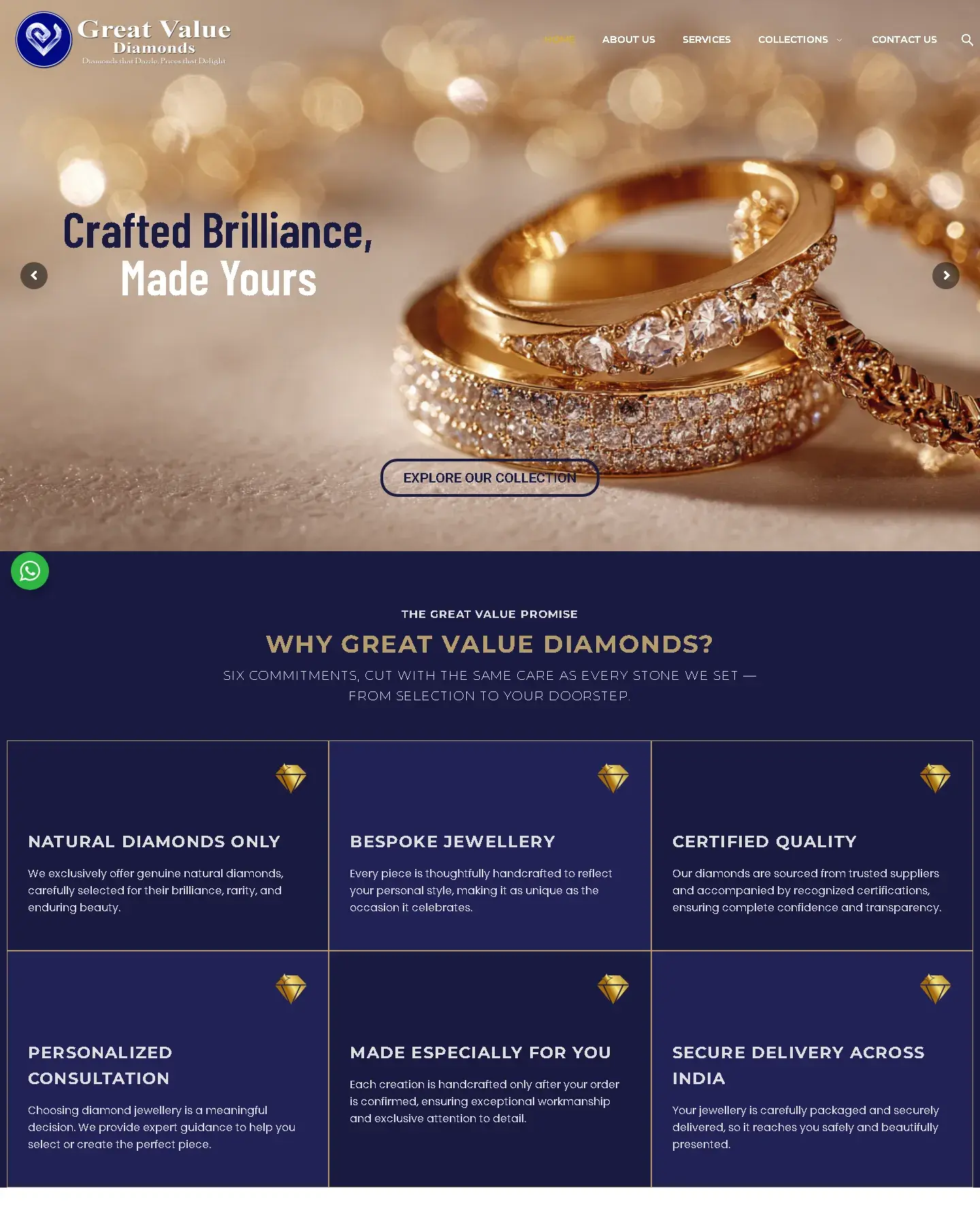 Great Value Diamonds homepage showing the hero slider and the 'Why Great Value Diamonds' promise section